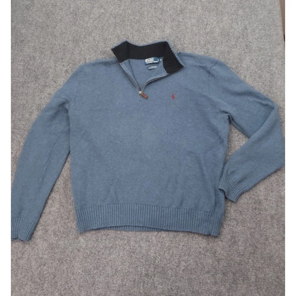 Vtg Polo Ralph Lauren Sweater Men XL Blue 1/4 Zip Cotton Pullover Mock Neck READ